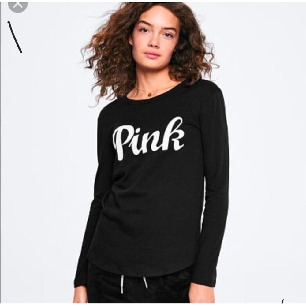 Victorias Secret PINK Black Long Sleeve Campus Tee White Logo Size XS Y2K